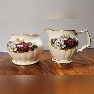 Vintage Sadler large rose patterned ivory creamer and open sugar bowl